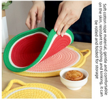 3-Piece Grapefruit Inspired Kitchen Heat Resistant Set with 18cm & 30cm Round Cotton Rope Woven Trivets + 1 Pair Duckbill Oven Mitt - Foldable Table Protection Mats and Black Polka Dot Cooking Gloves, Perfect for Home Baking and Cooking Lover