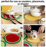 3-Piece Grapefruit Inspired Kitchen Heat Resistant Set with 18cm & 30cm Round Cotton Rope Woven Trivets + 1 Pair Duckbill Oven Mitt - Foldable Table Protection Mats and Black Polka Dot Cooking Gloves, Perfect for Home Baking and Cooking Lover