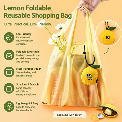 Portable Cute Lemon Corduroy Storage Pouch with Zipper and Hidden Folding Shopping Bag - Lightweight Reusable Eco Grocery Tote Bag with Fruit Charm for Shopping, Travel, Books, iPad and Daily Essentials In Australia - Darrahopens