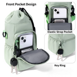 2-Pack Green Muti-Pockets Insulated Water Bottle Holder and Adjustable Phone Crossbody Bag – 40oz Bottle Large Waterproof Cooler Sling Bag with Drawstring Closure and PE Cotton and Aluminium Foil Lining