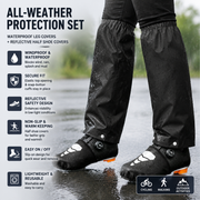Black Waterproof Windproof Cycling Shoe Covers & Long Half Rain Pants Set – 2 Pairs Nonslip Reflective Half Toe Shoe Covers and 1 Pair Quick Pull-On Adjustable Leg Covers 3XL for Commuting, Hiking and Outdoor Riding