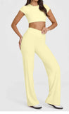 S Size Yellow High Waisted Flare Yoga Pants for Women - M-Shaped Peach Hip Lifting Wide-Leg Workout Trousers with Soft & Skin Feel Four Way Stretch Fabric, Breathable & Quick Dry In Australia - Darrahopens