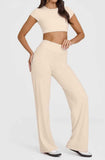 L Size Apricot High Waisted Flare Yoga Pants for Women - M-Shaped Peach Hip Lifting Wide-Leg Workout Trousers with Soft & Skin Feel Four Way Stretch Fabric, Breathable & Quick Dry In Australia - Darrahopens