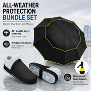 Black Compact 3-Fold Automatic Golf Umbrella (Dia 42 Inch) + Waterproof Thermal Half Shoe Covers (M Size) with Anti Slip Elastic Strap– Windproof & Stainproof Full Body Rain Protection Kit for Golf, Cycling and Outdoor Activities
