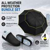 Black Compact 3-Fold Automatic Golf Umbrella (Dia 42 Inch) + Waterproof Thermal Half Shoe Covers (M Size) with Anti Slip Elastic Strap– Windproof & Stainproof Full Body Rain Protection Kit for Golf, Cycling and Outdoor Activities
