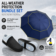 Navy Blue Compact 3-Fold Automatic Golf Umbrella (Dia 42 Inch) + Waterproof Thermal Half Shoe Covers (S Size) with Anti Slip Elastic Strap– Windproof & Stainproof Full Body Rain Protection Kit for Golf, Cycling and Outdoor Activities
