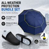 Navy Blue Compact 3-Fold Automatic Golf Umbrella (Dia 42 Inch) + Waterproof Thermal Half Shoe Covers (S Size) with Anti Slip Elastic Strap– Windproof & Stainproof Full Body Rain Protection Kit for Golf, Cycling and Outdoor Activities