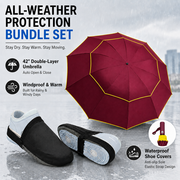 Wine Red Compact 3-Fold Automatic Golf Umbrella (Dia 42 Inch) + Waterproof Thermal Half Shoe Covers (L Size) with Anti Slip Elastic Strap– Windproof & Stainproof Full Body Rain Protection Kit for Golf, Cycling and Outdoor Activities