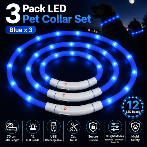 3PCS Blue USB Rechargeable LED Pet Collar Set – 70cm Cuttable Silicone Glow Dog Collar with 12 LED Beads, 3 Flash Modes and Secure Buckle Design, Night Safety Glow Necklace for Dogs and Cats Walking In Australia - Darrahopens