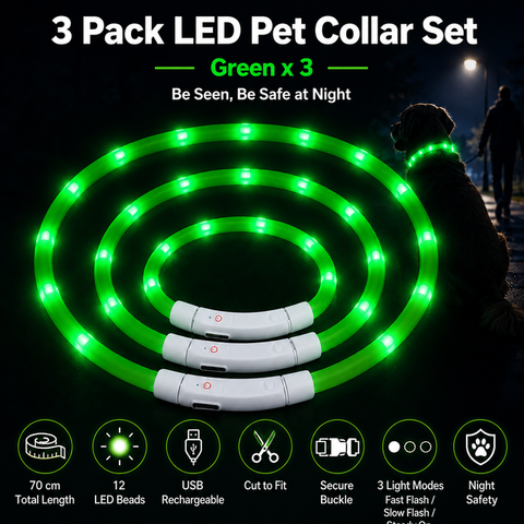 3PCS Green USB Rechargeable LED Pet Collar Set – 70cm Cuttable Silicone Glow Dog Collar with 12 LED Beads, 3 Flash Modes and Secure Buckle Design, Night Safety Glow Necklace for Dogs and Cats Walking In Australia - Darrahopens