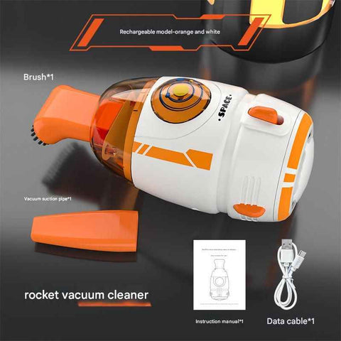 Orange and White Rocket Desktop Vacuum Cleaner - USB Rechargeable, 500mAh Battery, Two Types of Suction Nozzles, Transparent Dustbin - Compact Handheld Vacuum for Keyboard, Eraser Shavings, Desk & Car Cleaning