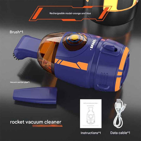Orange and Blue Rocket Desktop Vacuum Cleaner - USB Rechargeable, 500mAh Battery, Two Types of Suction Nozzles, Transparent Dustbin - Compact Handheld Vacuum for Keyboard, Eraser Shavings, Desk & Car Cleaning