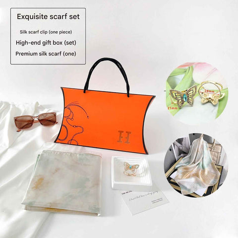 Light Green Ink-Wash Style Korean Design 70x70cm Imitation Silk Scarf Gift Set for Women - Fashionable Square Scarf with Scarf Ring & Luxury Gift Box, Versatile Neck Scarf for Mum, Grandma, Ladies - Ideal Gift for Mother's Day, Birthday, Anniversary