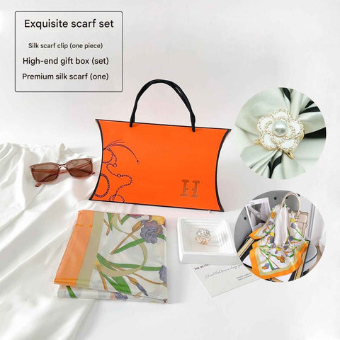 Butterfly and Flower Styles Korean Design 70x70cm Imitation Silk Scarf Gift Set for Women - Fashionable Square Scarf with Scarf Ring & Luxury Gift Box, Versatile Neck Scarf for Mum, Grandma, Ladies - Ideal Gift for Mother's Day, Birthday, Anniversary