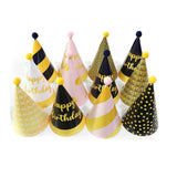12-piece Kids Birthday Party Hats Set - Gold Pink and Black Paper Cone Hats with Pom Pom Tops, Fun Party Table Decorations, Celebration Accessories for Birthday Events and Themed Gatherings