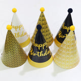 12-piece Kids Birthday Party Hats Set - Gold Pink and Black Paper Cone Hats with Pom Pom Tops, Fun Party Table Decorations, Celebration Accessories for Birthday Events and Themed Gatherings