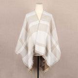 Beige and Brown Women Plaid Poncho Shawl Wrap - Faux Cashmere Reversible Cape Scarf with Fringe Trim, Warm Winter Layering Outerwear, Soft Neutral Checked Travel Friendly Style