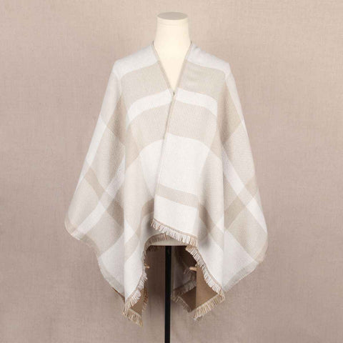 Beige and Brown Women Plaid Poncho Shawl Wrap - Faux Cashmere Reversible Cape Scarf with Fringe Trim, Warm Winter Layering Outerwear, Soft Neutral Checked Travel Friendly Style