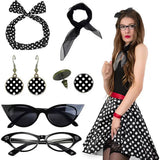 Black 6 Piece Vintage Polka Dot Party Kit Accessories Set - 1950s Retro Costume with Cat Eye Sunglasses, Headband, Earrings, Studs and Neck Scarf for Cosplay and Themed Events