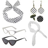 White 6 Piece Vintage Polka Dot Party Kit Accessories Set - 1950s Retro Costume with Cat Eye Sunglasses, Headband, Earrings, Studs and Neck Scarf for Cosplay and Themed Events