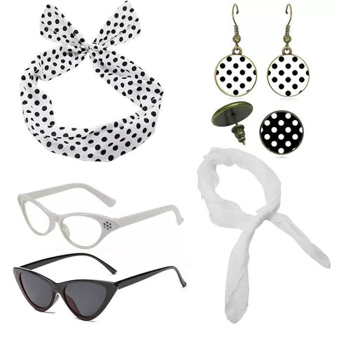 White 6 Piece Vintage Polka Dot Party Kit Accessories Set - 1950s Retro Costume with Cat Eye Sunglasses, Headband, Earrings, Studs and Neck Scarf for Cosplay and Themed Events