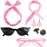 Pink 6 Piece Vintage Polka Dot Party Kit Accessories Set - 1950s Retro Costume with Cat Eye Sunglasses, Headband, Earrings, Studs and Neck Scarf for Cosplay and Themed Events
