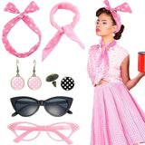 Pink 6 Piece Vintage Polka Dot Party Kit Accessories Set - 1950s Retro Costume with Cat Eye Sunglasses, Headband, Earrings, Studs and Neck Scarf for Cosplay and Themed Events