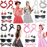 Pink 6 Piece Vintage Polka Dot Party Kit Accessories Set - 1950s Retro Costume with Cat Eye Sunglasses, Headband, Earrings, Studs and Neck Scarf for Cosplay and Themed Events