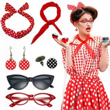 Red 6 Piece Vintage Polka Dot Party Kit Accessories Set - 1950s Retro Costume with Cat Eye Sunglasses, Headband, Earrings, Studs and Neck Scarf for Cosplay and Themed Events