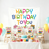 5 pcs Birthday Party Decoration Set - Happy Birthday Backdrop Banner with 4 pcs Chair Covers, Cartoon Polyester Party Decor Kit for Kids Celebration Room Setup
