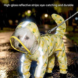 Yellow M size Pineapple Print Full-Cover Dog Raincoat with Transparent Hood, Waterproof Four-Leg Pet Rain Suit with Reflective Strips and Integrated Leash Ring for Small and Medium Dogs