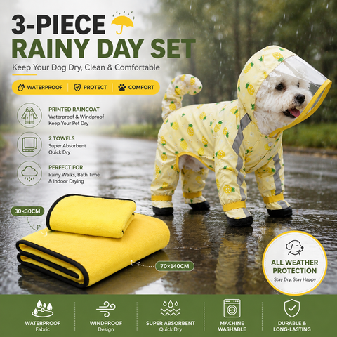 3-piece Dog Rainy Day Care Set with  Yellow M size Waterproof Raincoat, 30x30cm Paw Towel and 70x140cm Pet Bath Towel, Quick-Dry Pet Rain Protection Kit for Small and Medium Dogs