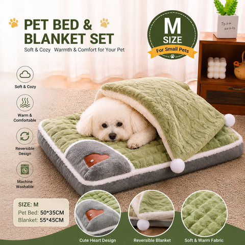2-piece M size Green Pet Winter Comfort Bundle – 55*45cm Plush Pet Blanket and 50*35cm Thickened Pet Sleeping Bed Set for Dogs and Cats, Double-Sided Warm Blanket with Soft Plush Bed Cushion