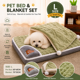 2-piece L size Green Pet Winter Comfort Bundle – 70*55cm Plush Pet Blanket and 60*40cm Thickened Pet Sleeping Bed Set for Dogs and Cats, Double-Sided Warm Blanket with Soft Plush Bed Cushion