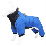Blue L size Winter Dog Jumpsuit Coat – Waterproof Four-Leg Pet Jacket with Reflective Harness Clip, Windproof Warm Padded Puppy Snowsuit, Adjustable Polyester Dog Clothing for Small to Medium Dogs