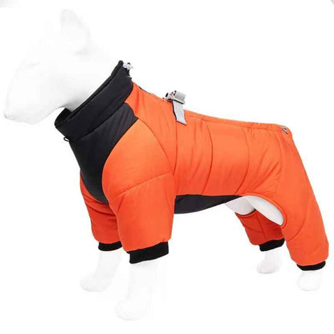 Orange S size Winter Dog Jumpsuit Coat – Waterproof Four-Leg Pet Jacket with Reflective Harness Clip, Windproof Warm Padded Puppy Snowsuit, Adjustable Polyester Dog Clothing for Small to Medium Dogs