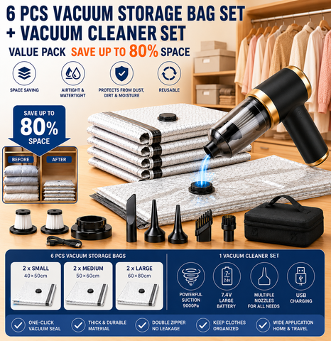 Portable Cordless Handheld Vacuum Cleaner & 6-piece Vacuum Storage Bag Set, 4-in-1 Air Duster, Vacuum Pump and Suction Cleaner with Reusable Compression Bags for Home and Travel