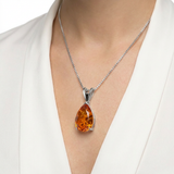 Orange Opal Teardrop Platinum-plated chain Pendant Necklace for Women, Elegant Sparkling Opal Drop Necklace, Adjustable Chain Fashion Jewellery Gift