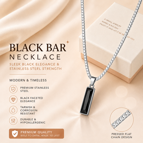 Black Zircon Bar Pendant Necklace 45cm+5cm for Men, Stainless Steel Cuban Chain Necklace, Minimalist Hip Hop Street Style Jewellery