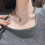 Black Zircon Bar Pendant Necklace 50cm+5cm for Men, Stainless Steel Cuban Chain Necklace, Minimalist Hip Hop Street Style Jewellery