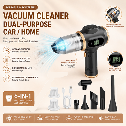 8-piece  Black Handheld Cordless Vacuum Cleaner & Air Duster 2-in-1(2 x 1500mAh), Portable Car and Home Cleaning Vacuum with Digital Display