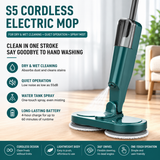 S5 Green  Cordless Electric Spin Mop with Spray Function USB Rechargeable Floor Cleaner - Dual Rotating Mop Heads, Wet and Dry Cleaning, Lightweight Home Cleaning Solution for Hard Floors