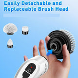 White 9 piece replaceable cleaning brush heads Electric Spin Scrubber with Extendable Handle - Cordless Rechargeable Cleaning Brush for Kitchen, Bathroom and Floors - IPX6 Waterproof, 2-Speed Motor, Long Battery Life