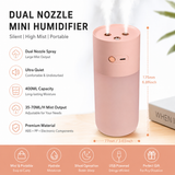Pink Dual Spray USB Humidifier with Warm LED Night Light - 400ml Mini Portable Desk and Car Humidifier, Quiet Mist Output, ABS and PP Construction, Compact Rechargeable Moisture Solution for Home Office Travel