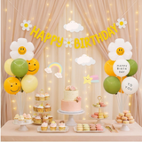 2 Pack Daisy Birthday Balloon Table Centerpiece Set（"Happy Birthday" letter style and pale yellow balloon style）, 10 Inch Latex Balloons with Smiley Flower Topper, Kids Birthday Party Decoration for Baby Shower, First Birthday & Celebration Events