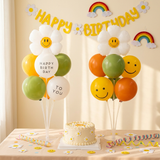 2 Pack Daisy Birthday Balloon Table Centerpiece Set（"Happy Birthday" letter style and pale Orange balloon style）, 10 Inch Latex Balloons with Smiley Flower Topper, Kids Birthday Party Decoration for Baby Shower, First Birthday & Celebration Events