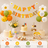 3-pcs Birthday Party Decoration Set with 2-pack Smiley Daisy Balloon Centerpieces & Orange and Yellow Happy Birthday Felt Banner, Kids Birthday Party Decor Kit, Photo Booth Backdrop Supplies,