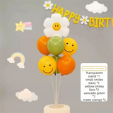 3-pcs Birthday Party Decoration Set with 2-pack Smiley Daisy Balloon Centerpieces & Blue and Green Happy Birthday Felt Banner, Kids Birthday Party Decor Kit, Photo Booth Backdrop Supplies,