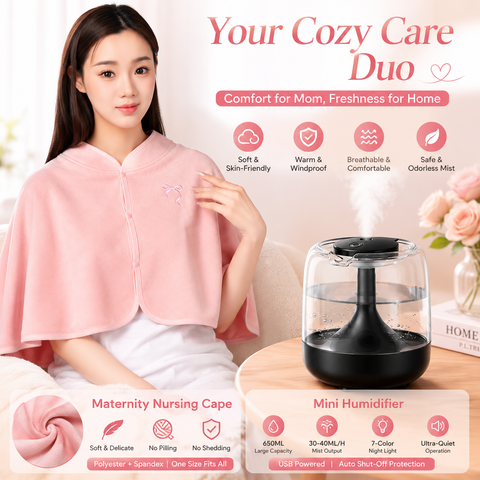 2 pcs Relaxing Winter Set - Pink  Nursing Cape and Black Mini Humidifier Soothing – Soft Postpartum Shawl & 650ml USB Air Humidifier for Home Comfort，Relax Self Care Present for Women