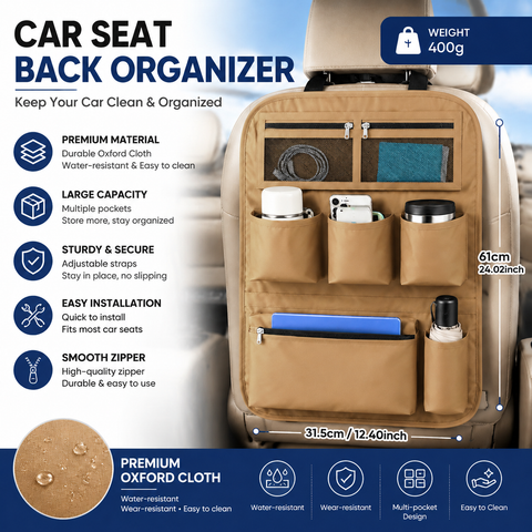 Brown Car Seat Back Organizer - 210D Oxford Cloth, Water-Resistant & Multi-Pocket Design - Space-Saving Storage for Cars, Camping & Home Use In Australia - Darrahopens